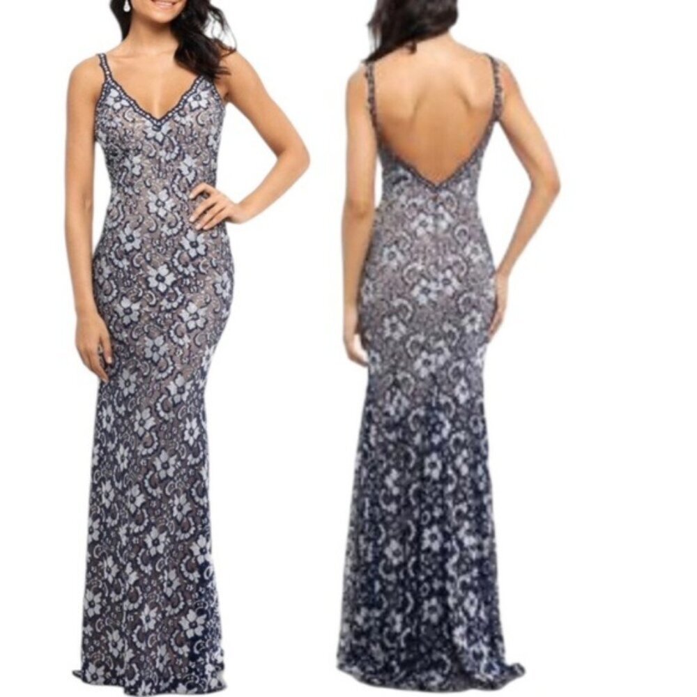 XSCAPE Embellished Crystal Stretch Lace Open Back Evening Dress Navy Size 4